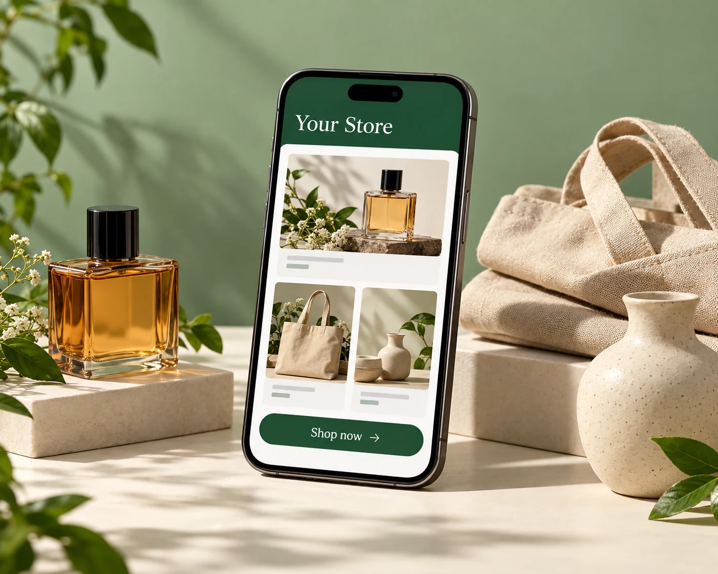 Realistic concept of a phone displaying an online store, surrounded by perfume, a canvas bag, and ceramic homeware